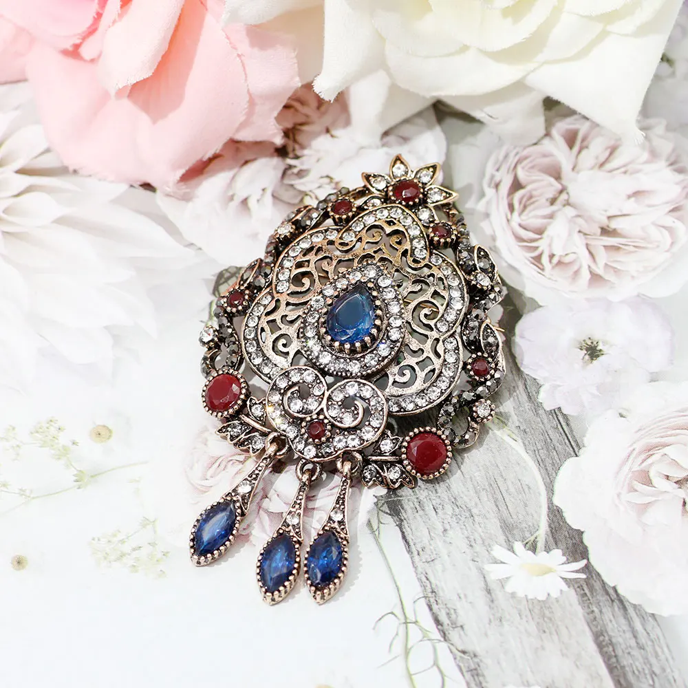 Sunspicems Bohemia Crystal Brooch Pins Turkish Metal Scarf Clothing Flower Broches Brooches Arab Gray Stone Jewelry Christmas