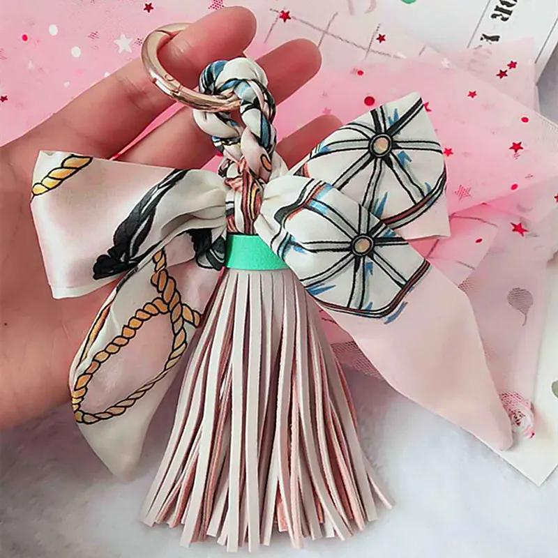 Quality Fashion Scarves Key holder Ribbon Bowknot Exquisite PU Leather Tassels Keychains Women Bag Charm Pendant