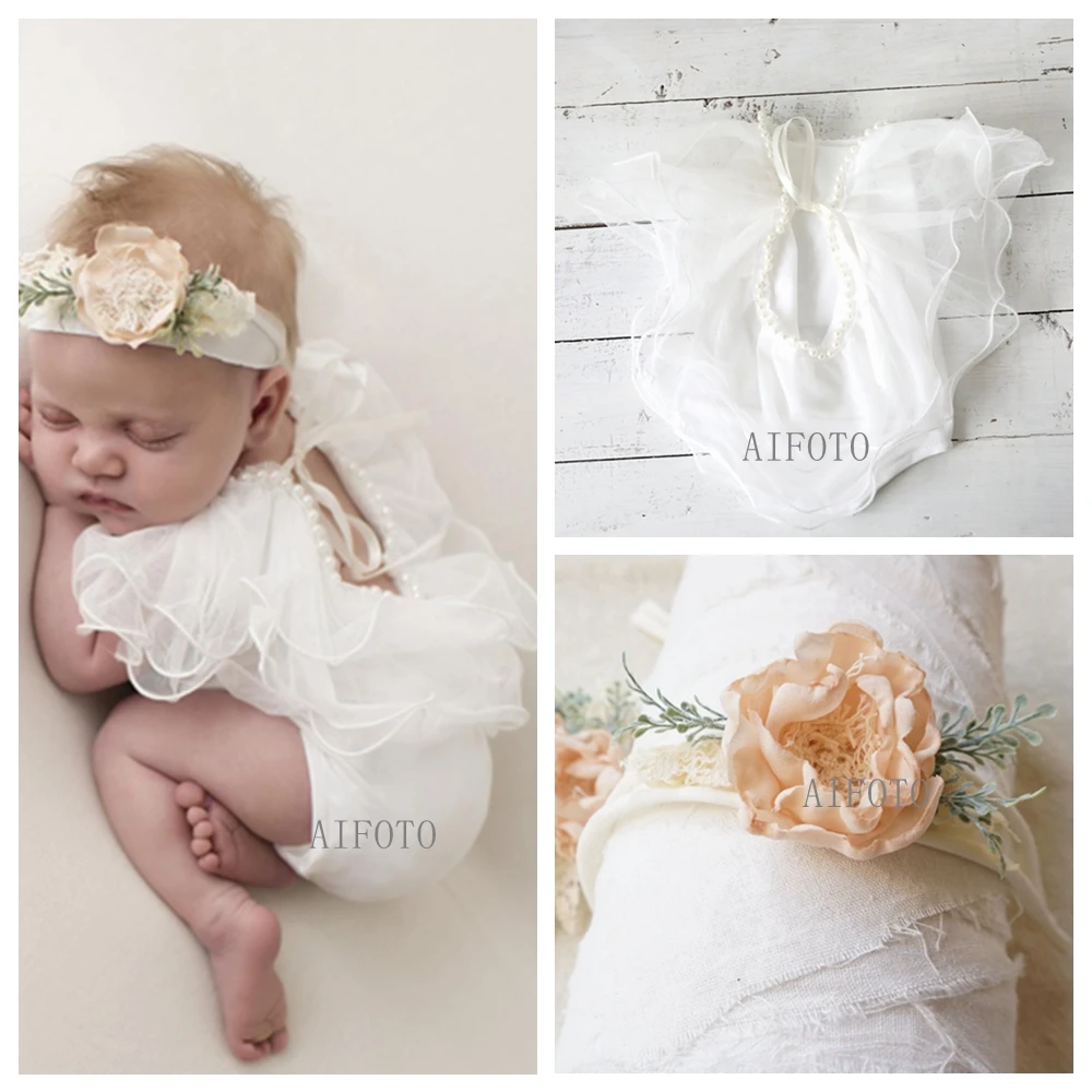 Newborn Photography Prop Princess Lace Dress Costume Ruffled Romper Headband Baby Girl Clothes 0 To 12Months  Outfit Shoot Photo