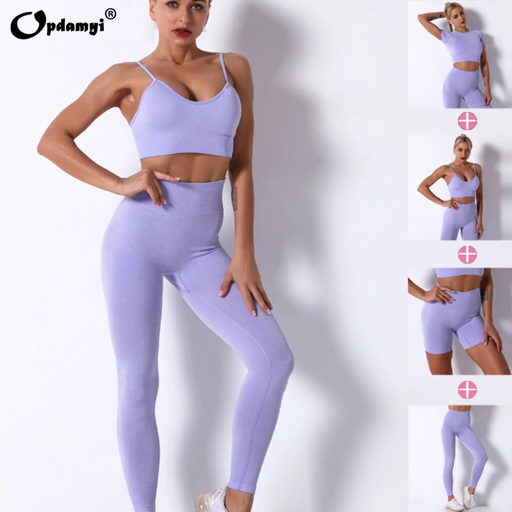 Seamless Women Yoga Set Workout Sportswear Gym Clothing Fitness Short Sleeve Crop Top High Waist Leggings Sports Bra Shorts Suit