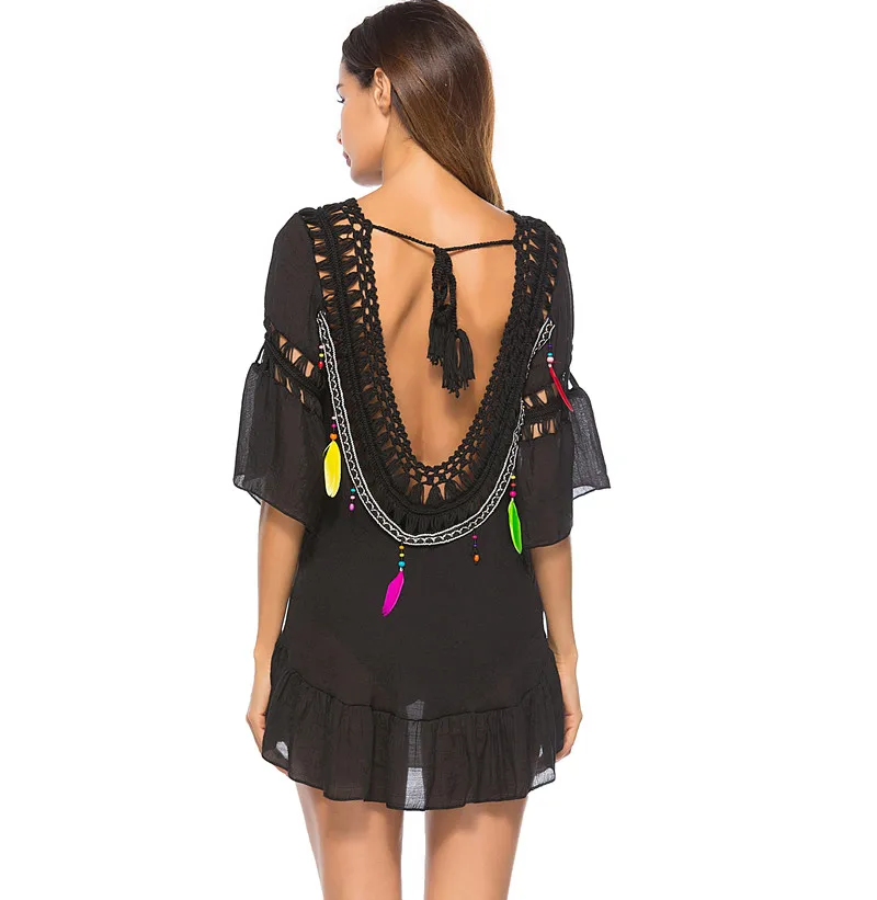 H80&S90 New 2019 Women Sexy Handmade Crochet Swimsuit Ladies'Beach Bikini Cover Up Smock Open Back Sunscreen Female Blouse Shirt