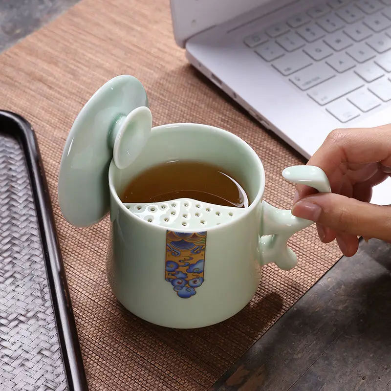 Ceramic Tea Cup with Lid Filter Tea Office Mug Jingdezhen Tea Set Celadon Cup Water Cup Teacup Mark Cup Drinkware