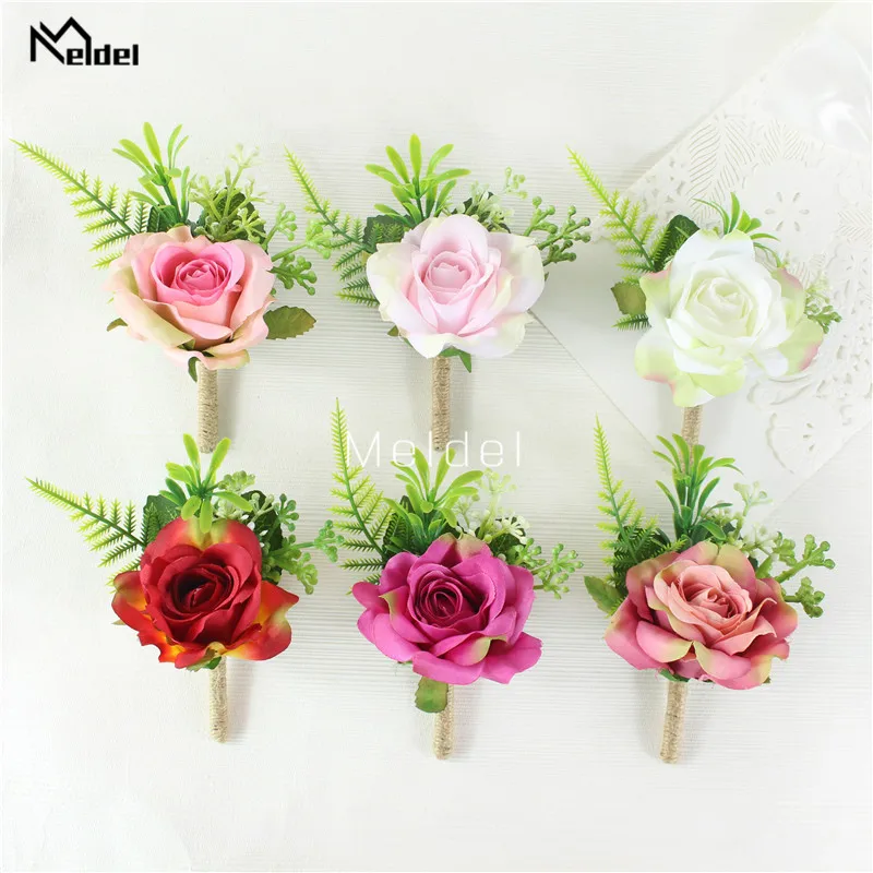 Meldel Boutonniere and Wrist Corsage Artificial Flower Silk Rose Pink Wedding Girl Bracelet Men Brooch Pins Groom Boutonniere