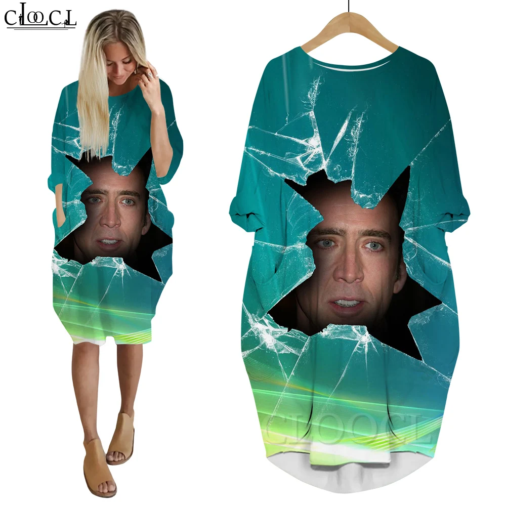 CLOOCL Women Dress  Funny Actor Nicolas Cage Stare At You 3D Loose Daughter Dresses Long Sleeve Casual Streetwear Pocket Dress