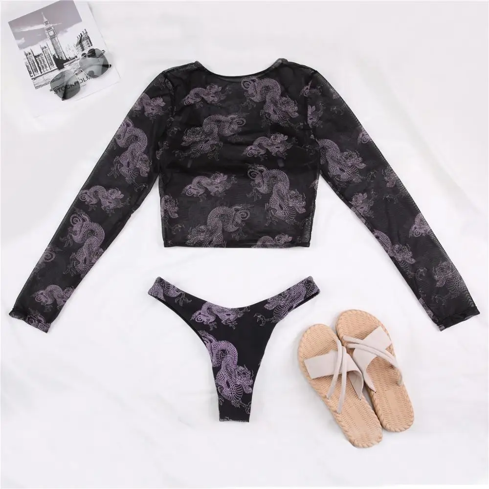 Sexy marble print bikini set 3-piece mesh long sleeve swimsuit High cut swimwear women String halter micro bikini Beach wear New