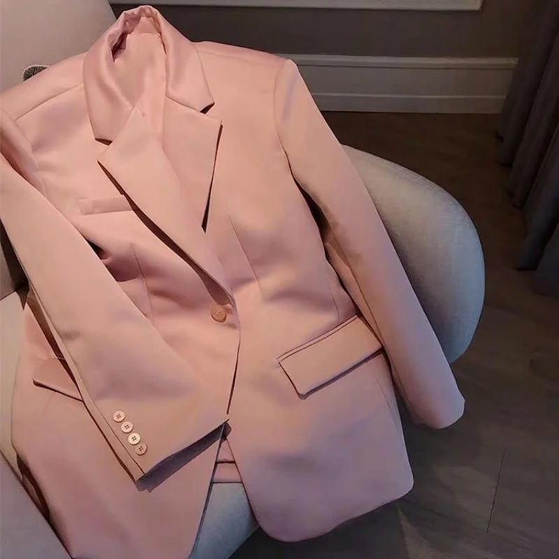 

Ladies Office Pink Blazers Spring Long Sleeve Loose Fit Single Button Casual Suit Jacket Fashion Solid Color Women Blazer Coats