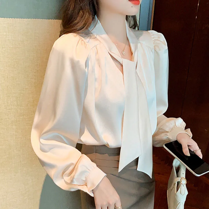 Shirt Long Sleeve Shirts Female Autumn 2021 French Style Satin Solid Bow Chiffon Blouse White Blusas Mujer Tops Elegantes 1323