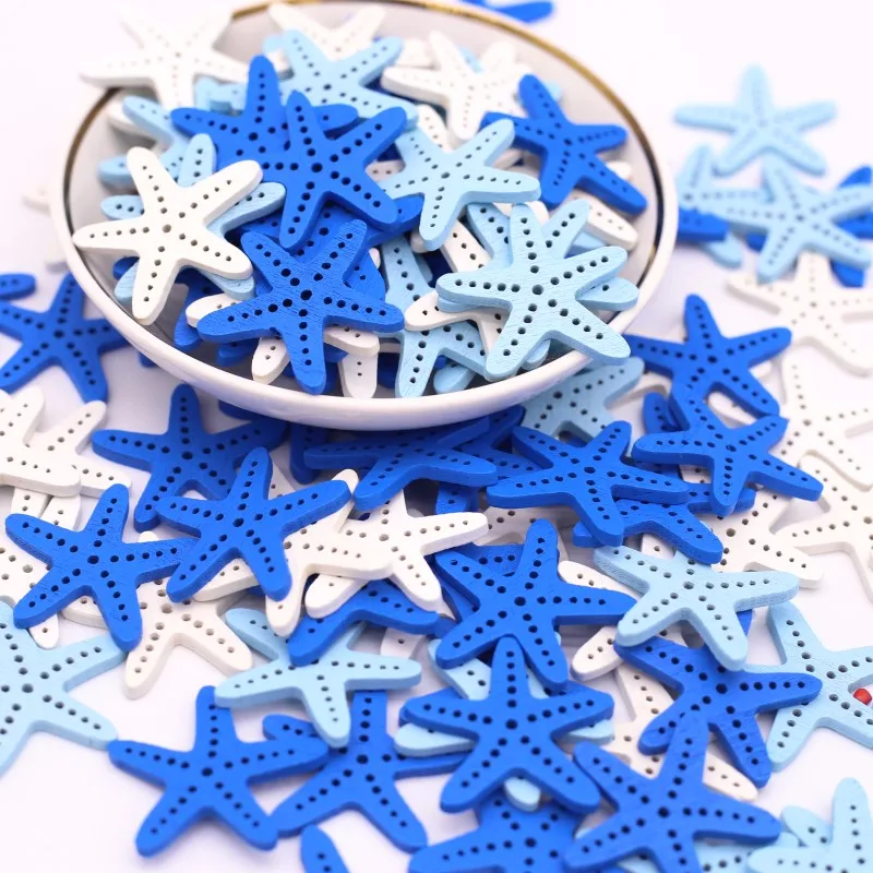 30mm Mix Wooden Starfish Flat-Back Button Handicrafts Easter Child Gift DIY Handmade Wedding Clothing Home Decor Supplies 50pcs