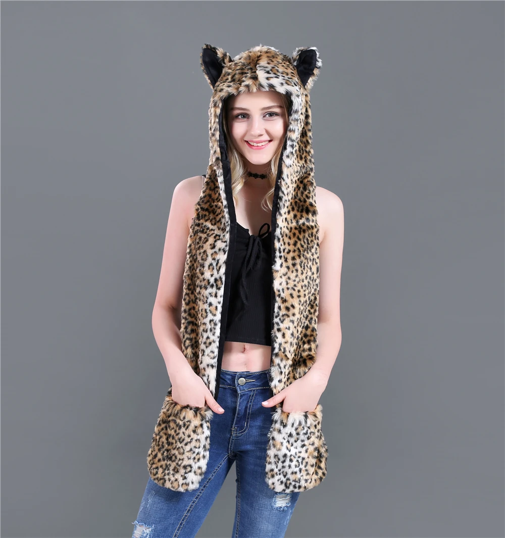 Women Winter Fashion Warm Leopard Cartoon Cap Scarf Faux Fur Hat Female Scarf gloves as one Animal Fur Cap Christmas Gift T01