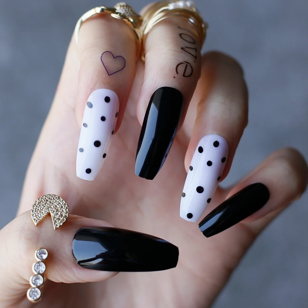 Glossy Black and white polka dot gel design nails Curve long Coffin Acrylic nails nude salon 24pcs fake nails ballet  fell set