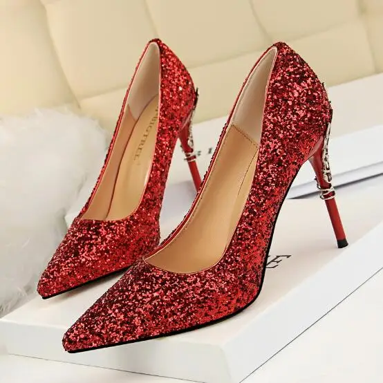 2024 New Women Pumps High Thin Heel Metal Pointed Toe Shallow Sexy Ladies Bling Bridal Wedding Women Shoes White High Heels