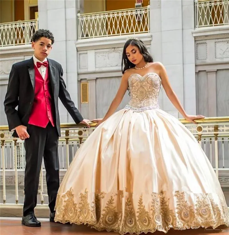 Sweetheart Beading Champagne Quinceanera Dresses with Gold Lace Ball Gown Prom Formal Gowns Sweet 16 Dress vestidos de 15 anos