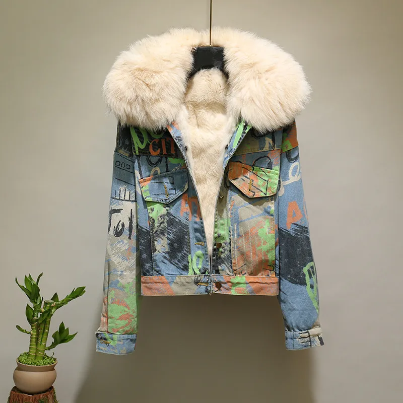 

2024 Autumn Winter New Korean Loose Thick Denim Jacket Female Tie Dyed Printing Fur Parka High Quality Warm Real Fur Coat