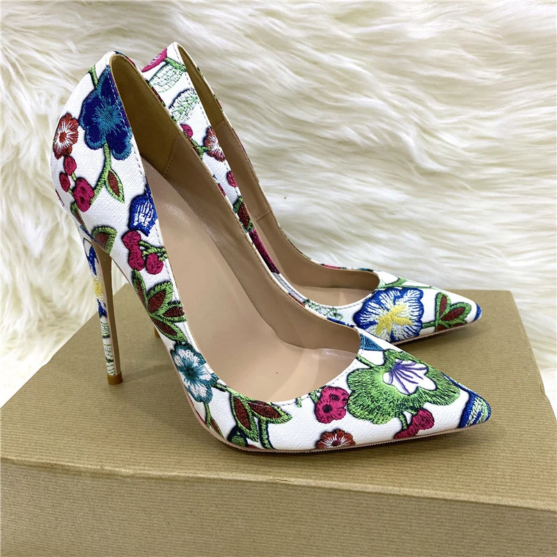 Heelgoo Floral Print Women Pointy Toe 8-12cm High Heel Chic Party Shoes Ladies Sexy Designer Stiletto Pumps Large Size 43 44 45