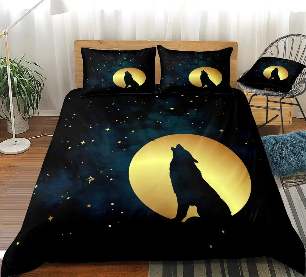 3pcs Howling Wolf Duvet Cover Set Golden Moon Stars Home Textiles Teens Boys Bed Set King Black Wolf Quilt Cover Queen Dropship