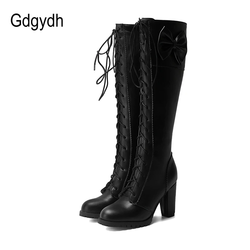 Gdgydh-Bottes de moto à hauteur du genou pour femmes, bottes gothiques, bottes à plateforme à talon optique, nœud papillon, mariage féminin, grande