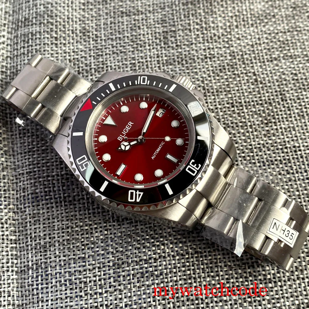 43mm Bliger quadrante rosso vetro zaffiro NH35 MIYOTA 8215 PT5000 braccialetto automatico dell'orologio