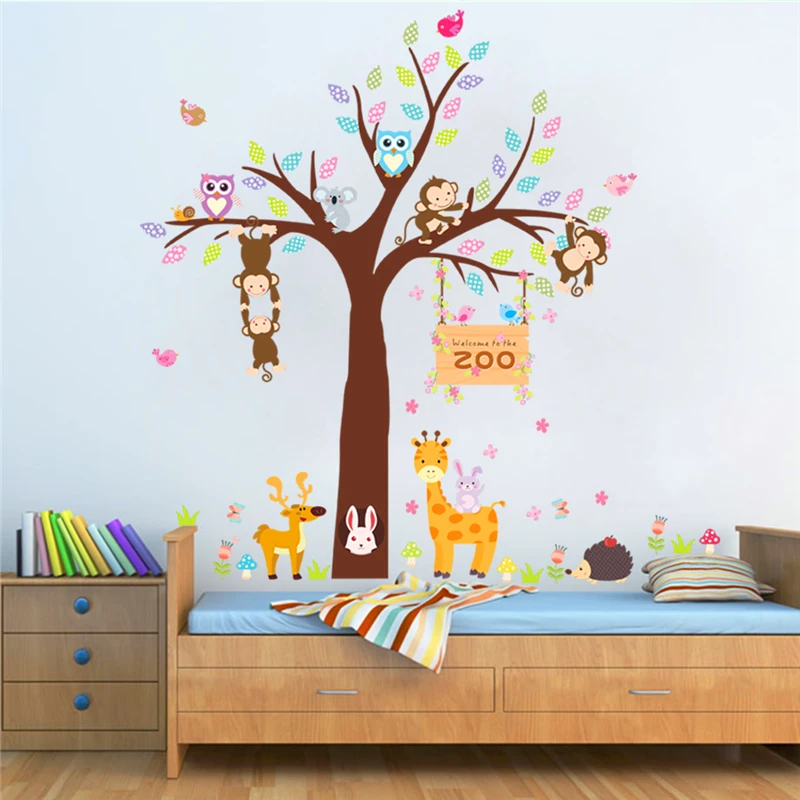 lovely owl monkey giraffe tree zoo wall stickers for kids rooms home decor cartoon animals wall decals pvc mural art diy posters