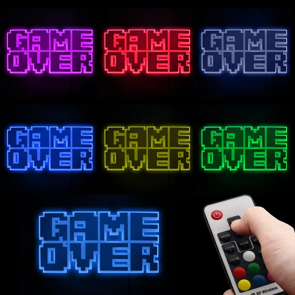 8-Bit Pixel Game Over LED Wall Light Display Sign Wall Mirror Video Game Lighting Bar Gaming Decorations With Remote Control