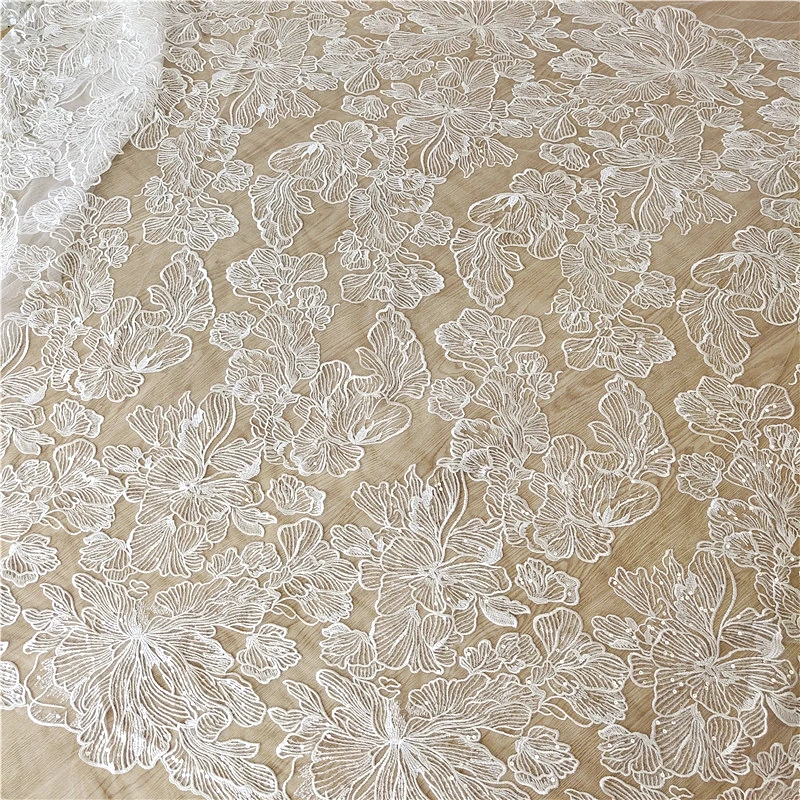 Higher quality lace fabric bridal dress lace fabric with sequins 130cm width lace fabric sell by yard