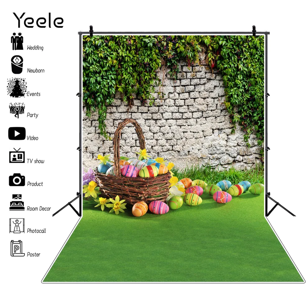 Yeele Happy Easter Eggs Basket Photocall Brick Wall Flowers Grass Photography Backdrop Photographic Backgrounds For Photo Studio