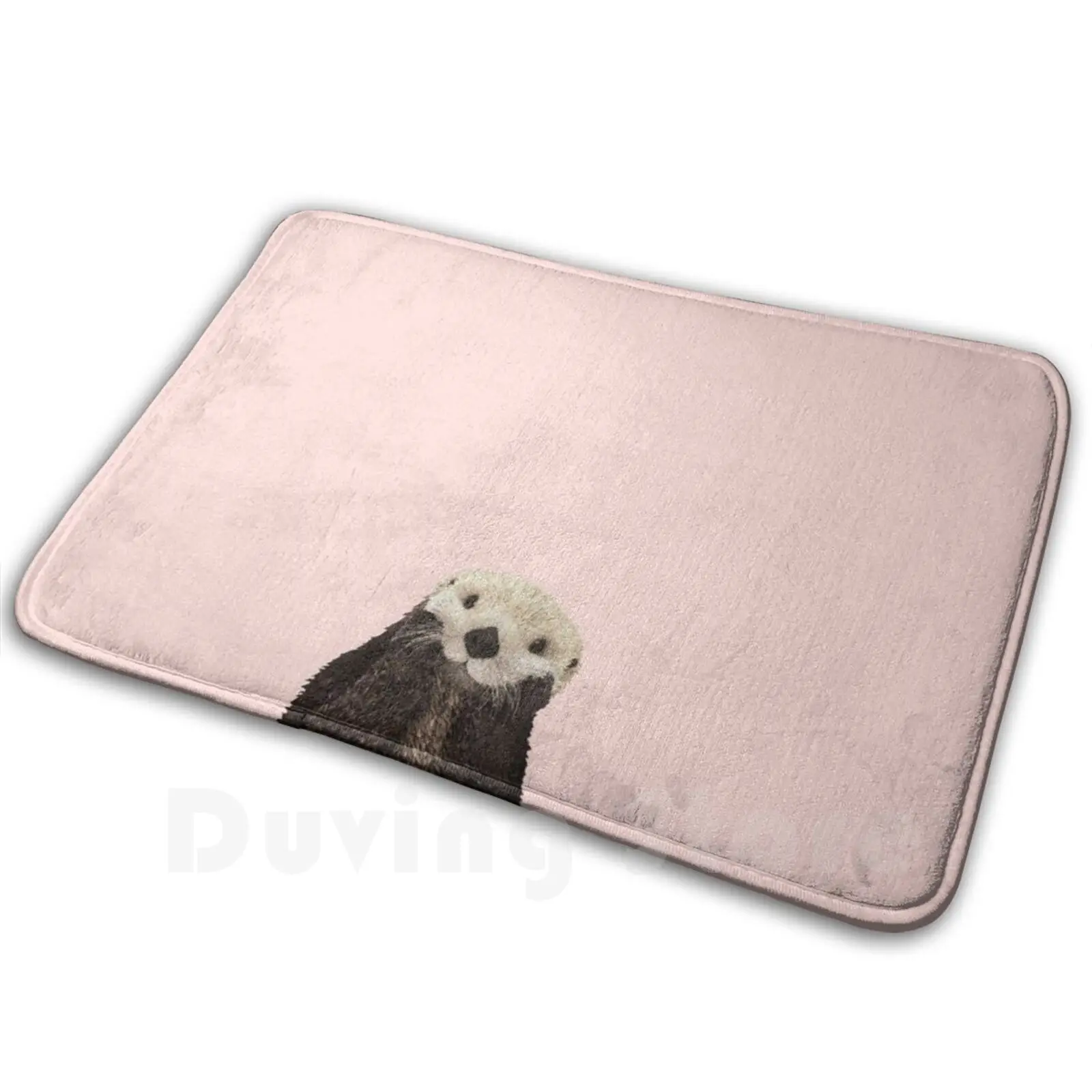 Cute Otter Against A Rose Gold Background. Minimalist. Coastal. Adorable. Soft Non-Slip Mat Rug Carpet Cushion Otter