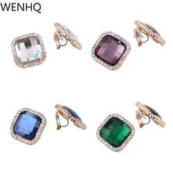 WENHQ Korean Big Crystal Clip on Earrings Without Pierced Fashion Cuff Fake Earrings Gold Color Ear Clip Christmas Jewelry Gift