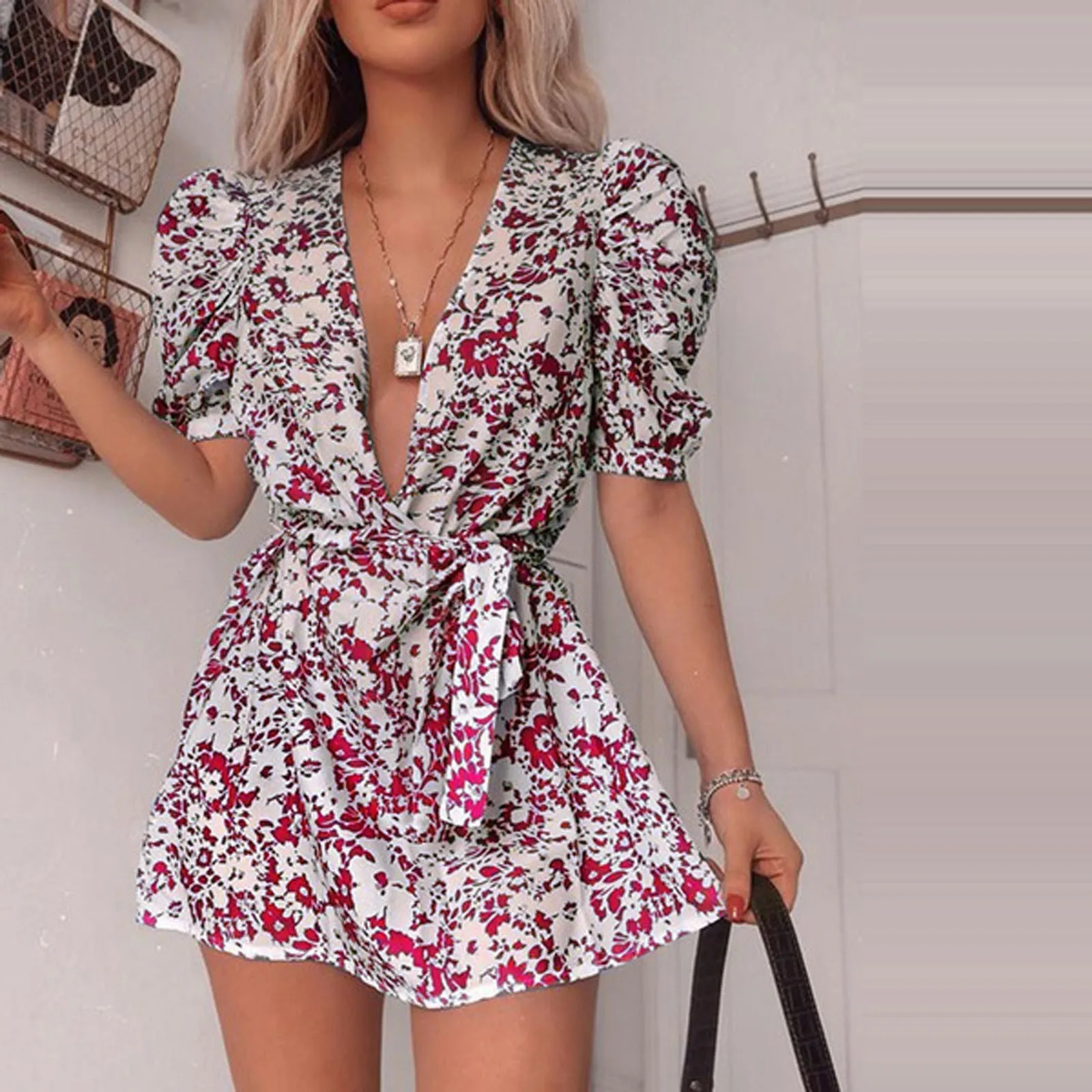 Bohemia Floral Print Dress Women Casual Puff Sleeve Sexy Deep V-neck Slim Belt Mini Dress Elegant Ruffle Beach Dress 2022 Vestid