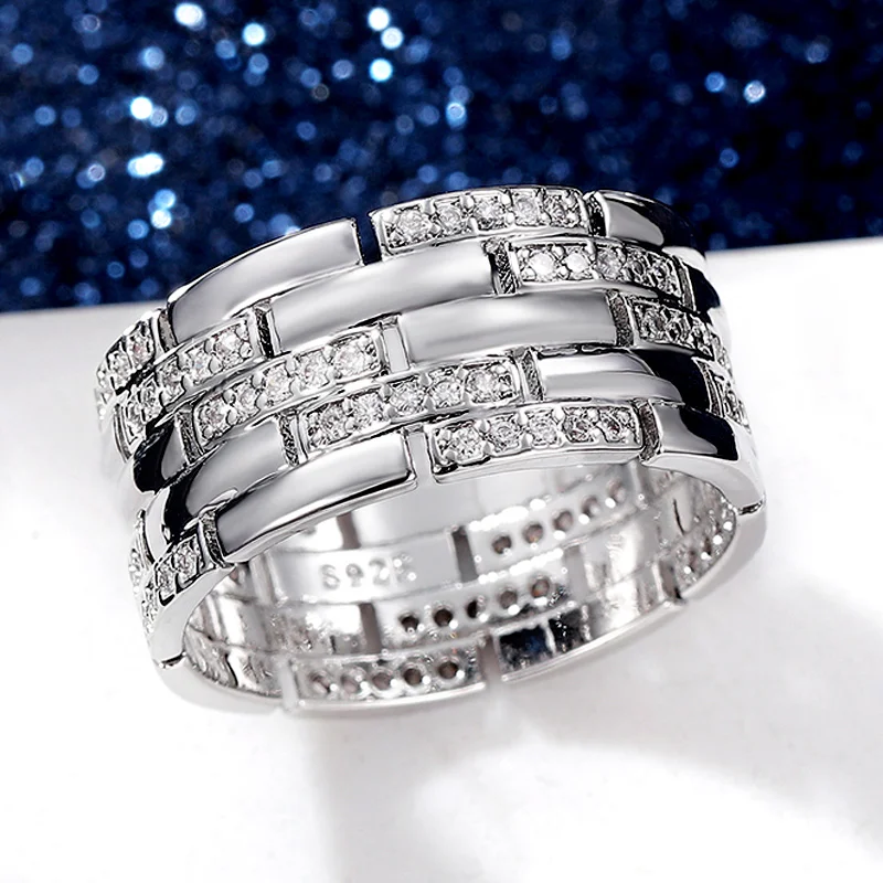 Huitan Luxury Silver Color Women/Men Finger Rings Shiny CZ Anniversary Love Gift Simple Stylish Design Versatile Fashion Jewelry