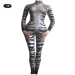 Sexy Zebra Printed Stretch Jumpsuit Rhinestones Stage Wear Bodysuit Female Singer Show Outfit man Bar Nightclub Cosplay Costume