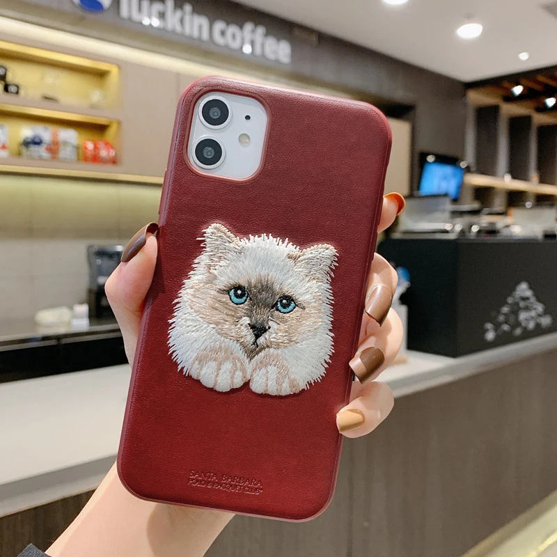 3D Embroidered Cute Cat Wolf Tiger Bear Leather Phone Case For iPhone 14 Pro Max Protective Cover For iPhone 13 Pro Max 13 Pro