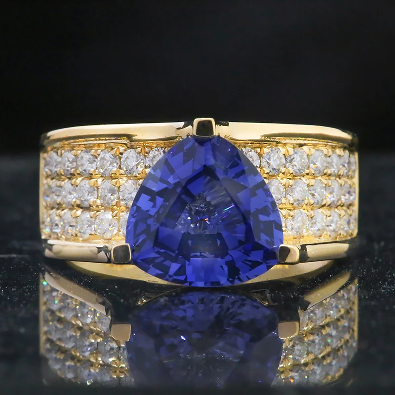 3.0carat 9x9mm Thrillion Cut Lab Created Sapphire with small Moissanite Engagement Ring Real 18k Yellow Gold for Women