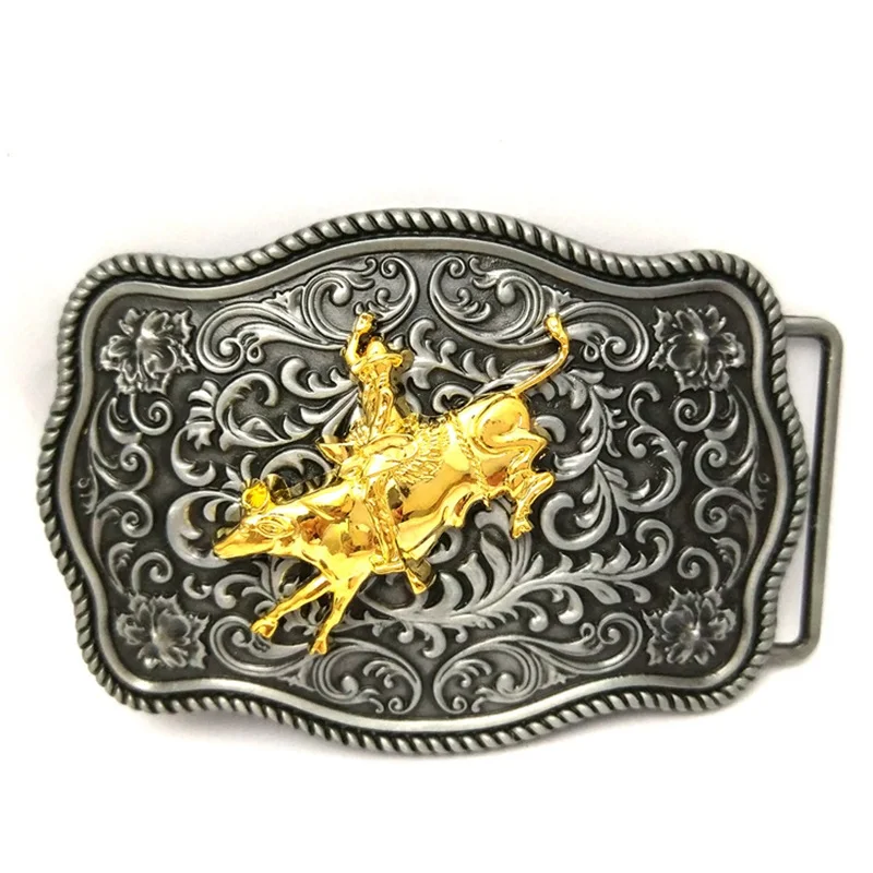 

Western Flowers Goldern Rodeo Cowboy Bull Rider Antique Silver Metal Belt Buckle for Men Boys Casual Jeans Cool DIY Accessories