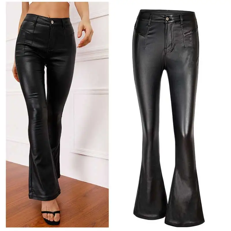 Winter Black PU Leather Flare Pants High Waist Sanded Leather Pants Wide Leg Pants Women