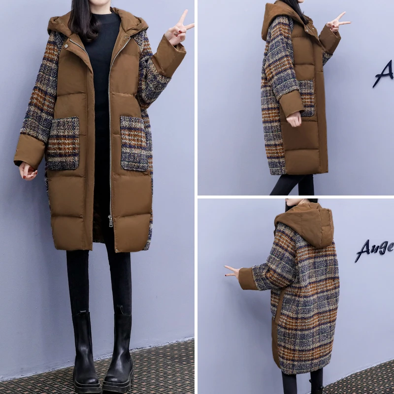 down Cotton-Padded Coat Patchwork Wool Coat New Winter Clothes plus Size Women\'s Clothing Plaid Woolen Patchwork Cotton-Padde