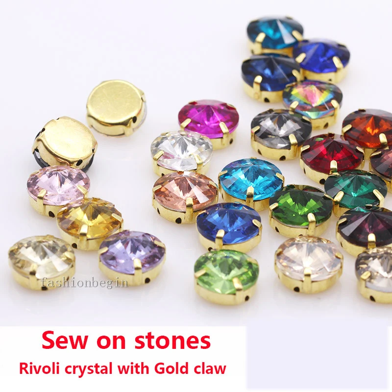 24Colors 6/8/10/12/14/16/18/25MM Rivoli Round Sew on Rhinestone Crystal With Golden Button For Garments  Jewelry Shoes Diy Trims