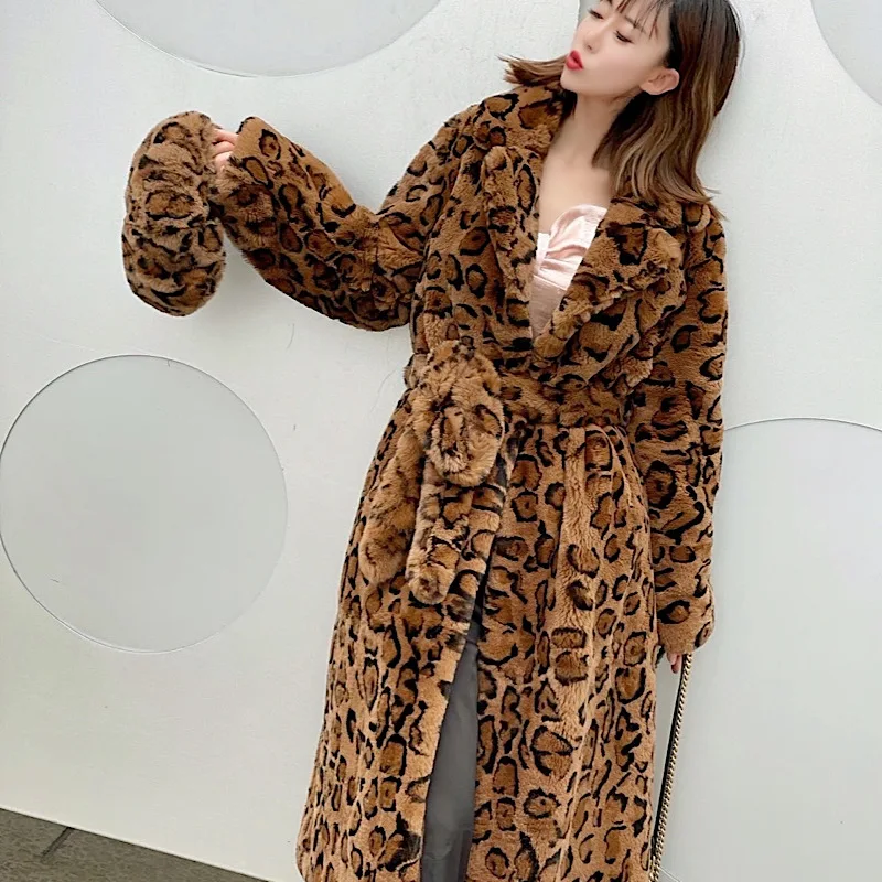 2022 New Winter Women Real Rex Rabbit Fur Coats   Fashion Long Leopard  Overcoat Simple Warm Ladies Outerwear Luxurious Street