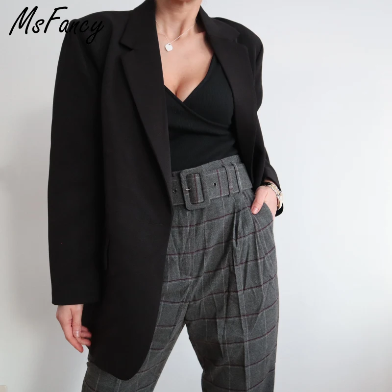 Msfancy Black Oversized Blazer Women Plus Size Tailleur Femme Vintage Single Button Casual Jacket Outwear