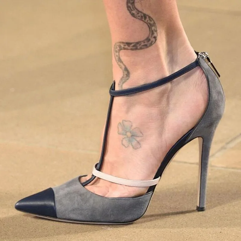 

Newest T Strap High Heel Pumps Gray Suede Patchwork Dress Shoes Cut-out Ankle Strap Shallow Women Shoes Stiletto Heel Drop Ship