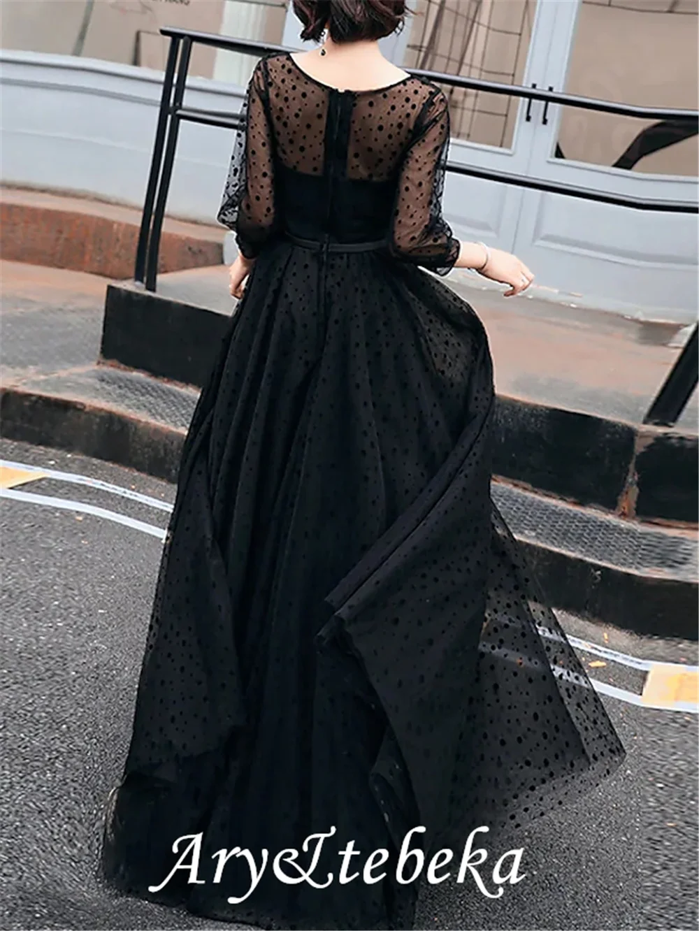 Gaun Malam Formal Tamu Pernikahan Boho Elegan A-Line Tulle Leher Permata dengan Selempang/Pita Lipit Polka Dot 2021