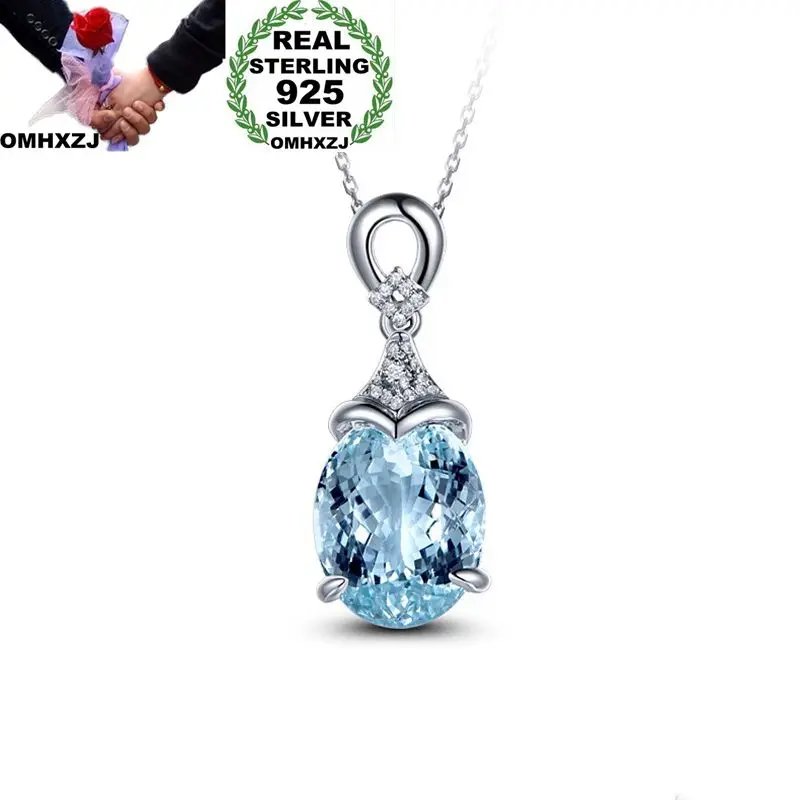 OMHXZJ Wholesale European Fashion Woman Girl Party Wedding Gift Water Drop Blue Zircon 925 Sterling Silver Pendant Necklace NA53