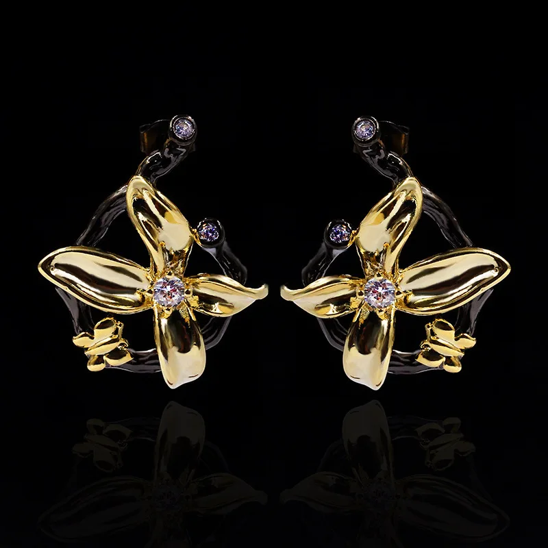 High sense of luxury earring super flash purple zircon gold bow Earring net red two-color black gold earrings for women