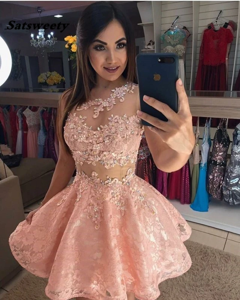 2024 Peach Color One Shoulder Lace Beaded Ball Gown Mini Cocktail Prom Party Dress Short Homecoming Dresses