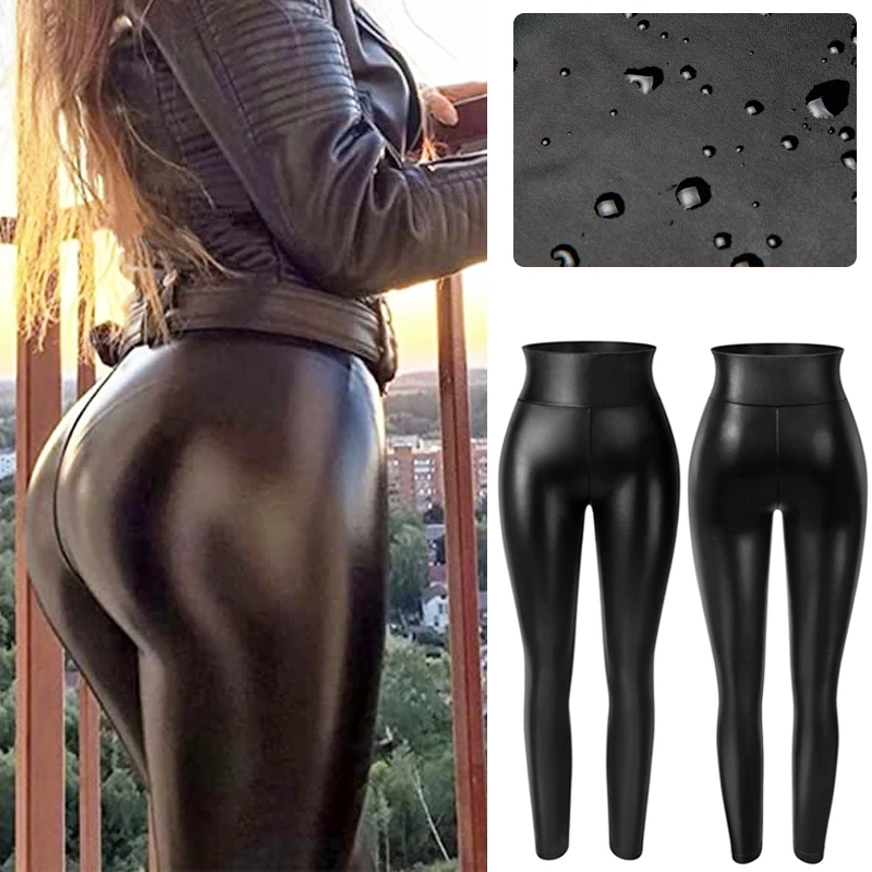 Legginsy ze sztucznej skóry z wysoką talią Kobiety Grube, nieprzezroczyste legginsy PU Seksowne spodnie biodrowe Push Up Slim Spodnie fitness Majtki Butt Lifter