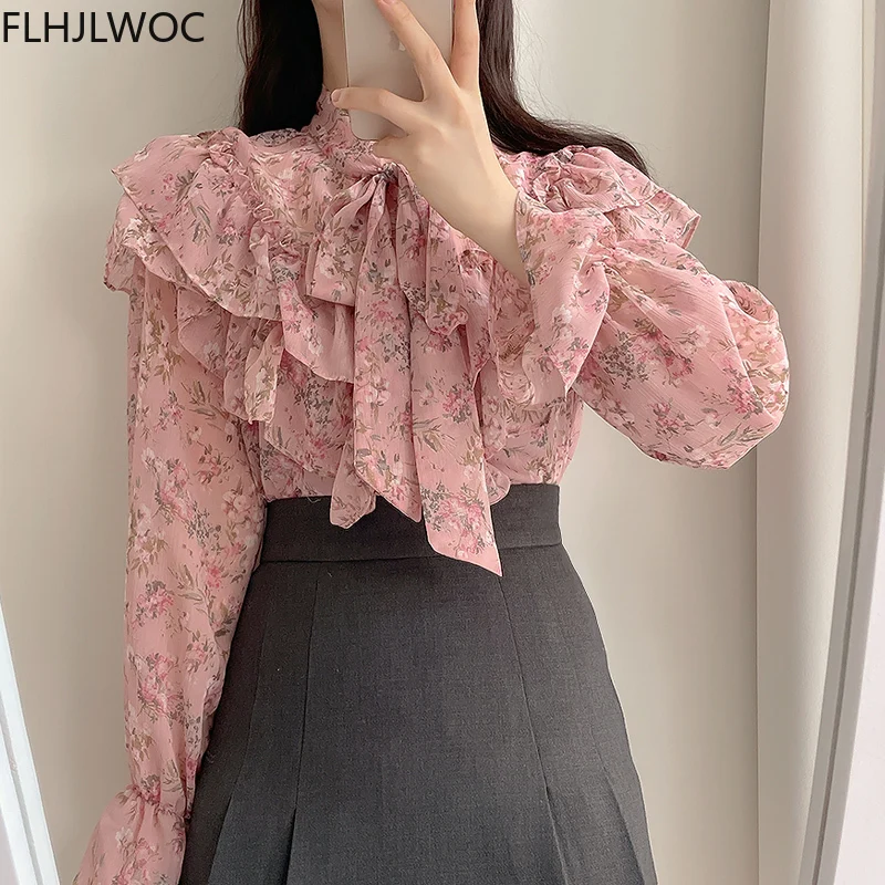 Vintage Solid Shirts Long Sleeve Single Breasted Button Cute Sweet Bow Tie Women Korea Japan Style Ruffled Chic Pink Tops Blusas