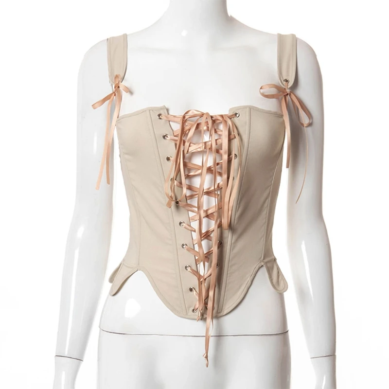 Sexy Summer Bustier Tank Tops Female Slim Sleeveless Vintage Cut Out Corset Waist Top with Lace Up Bandage Body Shaper Corset