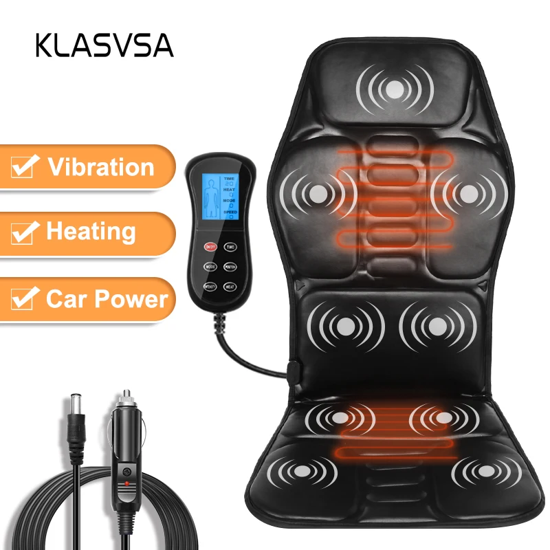 KLASVSA Electric  Heating Vibrating Back Massager Chair In Car Home Office Lumbar Neck Mattress Pain Relief LED  remote control