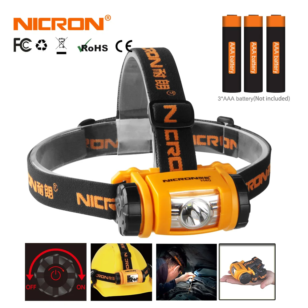 NICRON H40 LED Headlamp Fishing Headlight 200 Lumens IP65 Waterproof 3*AAA Batteries Headlight Torch Lamp For Camping Light