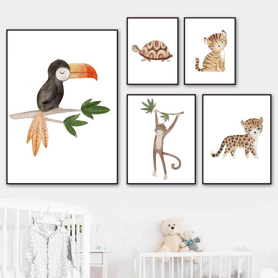 

Cute Cartoon Animals Wall Art Canvas Painting Toucan Monkey Koala Tiger Posters and Prints Nordic Pictures Kids Room Decor