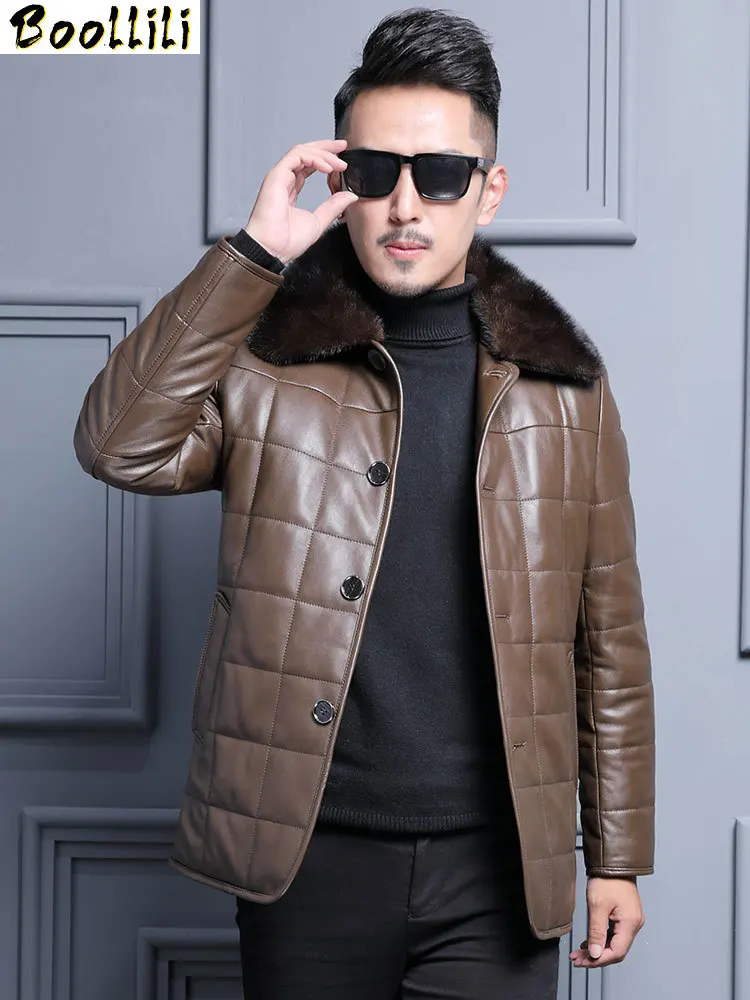 

Autumn Winter Boollili Mens Leather Jacket Genuine Leather Sheepskin Coat Real Wool Fur Lining Mens Leather Jackets Mink Collar